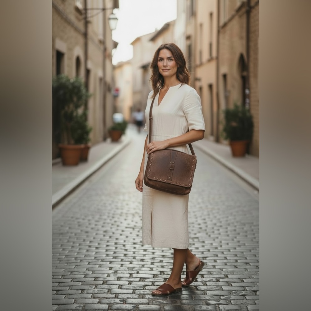 Patricia Nash Distressed Copper Studs Tan Leather Crossbody Bag